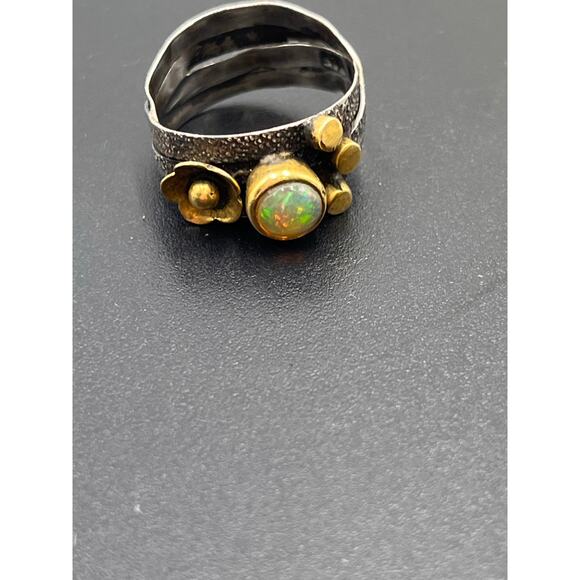Artisan Pebbled Sterling Silver and Brass 6mm Opal Cabochon Floral Ring Sz 9 - Picture 10 of 11
